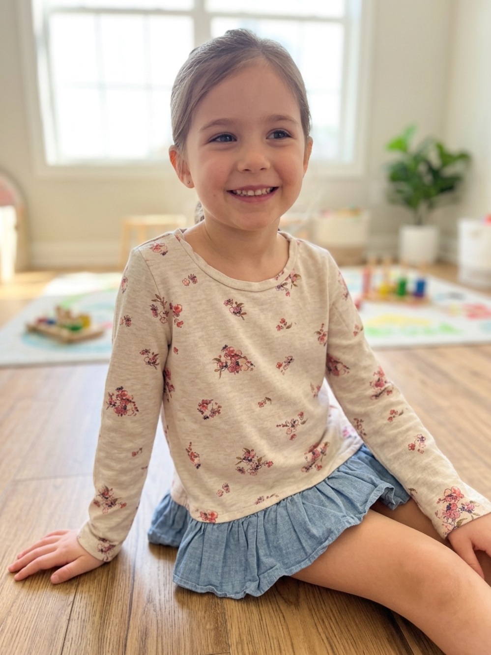OshKosh B'gosh Cream Long-Sleeve Top with Pink Floral Print